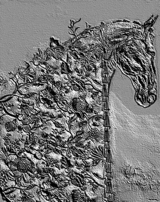 3D model of a horse head in bas-relief style, covered with floral ornament