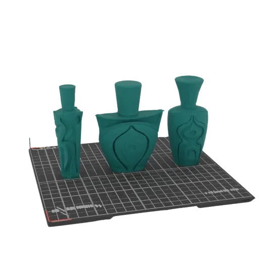Three stylized 3D models of artistic perfume bottles in teal, displayed on a grid surface.