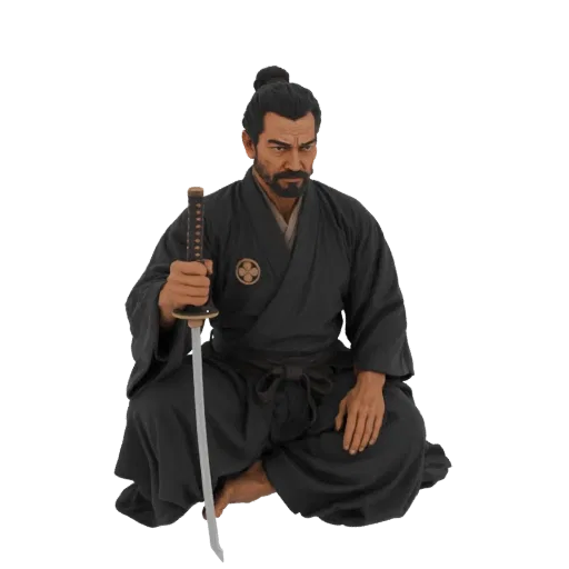 3D model of a samurai warrior in a black kimono, kneeling with a katana, looking to the side.