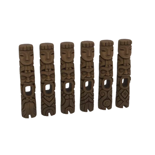 A set of six carved wooden tiki totem statues arranged in a row, each with unique facial features and intricate patterns.
