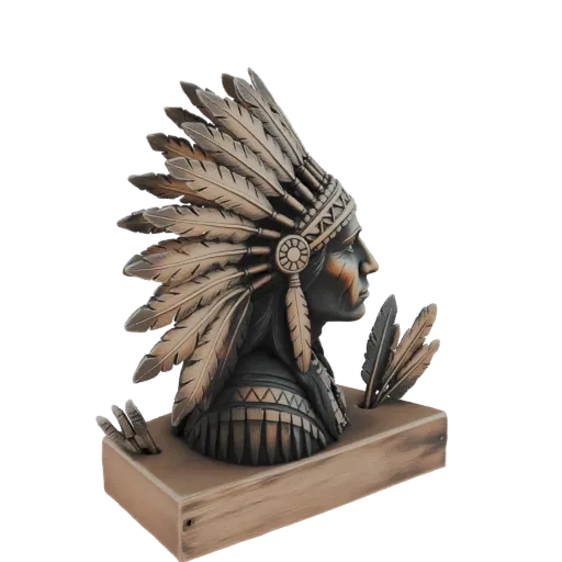 3D model of a Native American Chief bust with a detailed feather headdress, rendered in a bronze-like finish on a wooden base