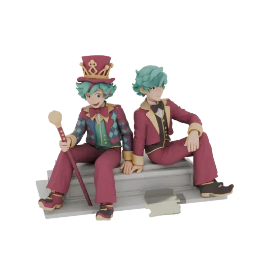 3D model of two circus performers in matching maroon suits, one with a top hat and cane, sitting on steps.