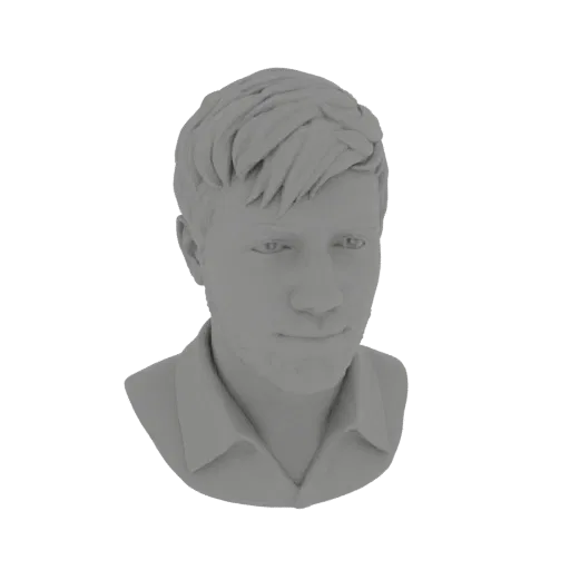 3D-Modell-Render einer grauen männlichen Büste mit kurzen, gestylten Haaren und Hemdkragen.