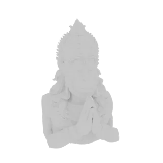 3D model of a white bust of Hanuman with hands pressed together in prayer, wearing an ornate headdress.