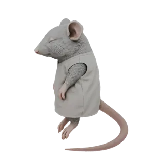 A 3D model of a grey mouse with its eyes closed, peacefully sleeping while wearing a light grey vest, with its tail curled.