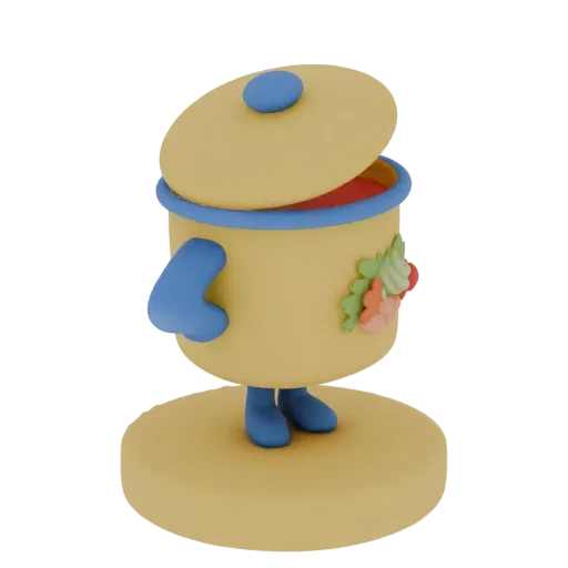 A 3D render of a whimsical yellow pot character with blue arms and legs, adorned with colorful flowers, standing on a yellow
