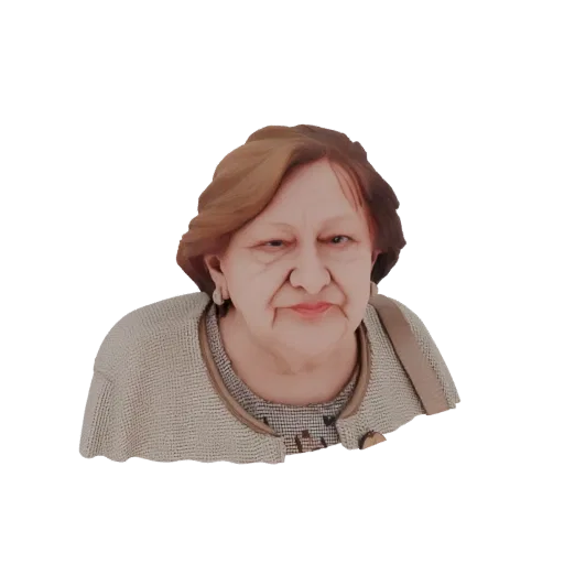 Renderização de modelo 3D do busto de uma mulher idosa, com detalhes faciais realistas e vestindo um cardigã.