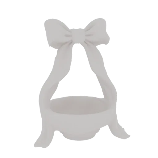 A 3D model render of a white ceramic basket with a large bow on top and flowing ribbon handles.