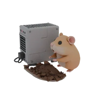 3D model of a cartoon-style Djungarian hamster digging earth near an ASIC miner, on a base.