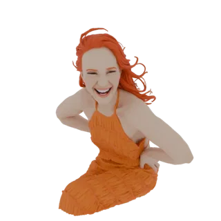 3D model of a woman with bright orange hair laughing, wearing an orange halter dress, with hands on hips.