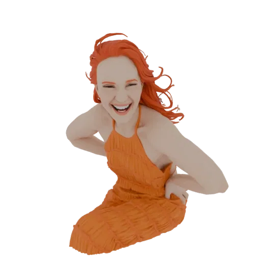 3D model of a woman with bright orange hair laughing, wearing an orange halter dress, with hands on hips.