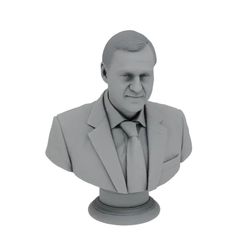 3D model render of a grey bust of a man wearing a suit and tie, set against a white background.