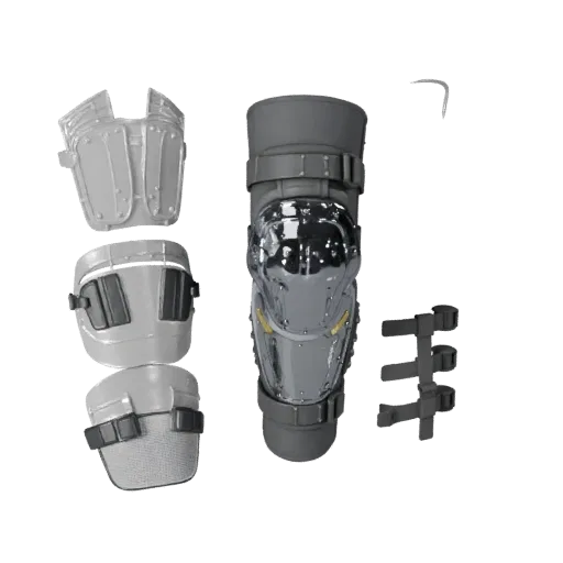 Modèle 3D imprimable Genouillères de Secours, rendu STL isométrique, montrant des boucliers transparents, silhouette protectr