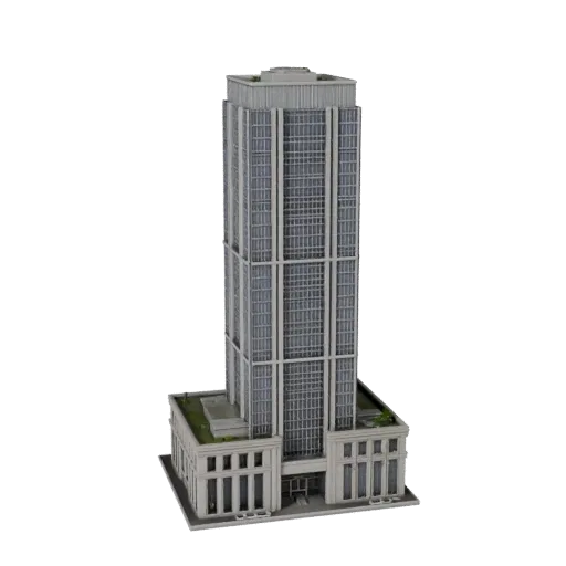Modello 3D low poly di grattacielo di lusso, vista esterna pronta per il gioco, che mostra materiali di edifici commerciali p
