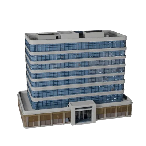 Corporate Headquarters stylized 3D model, isometric stylized game environment view, showing commercial office building materi