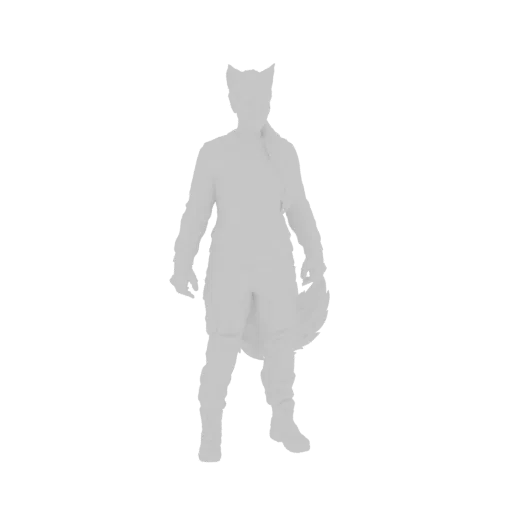 3D model render of an anthropomorphic fox warrior standing in a dynamic pose, wearing rugged clothing and featuring a promine