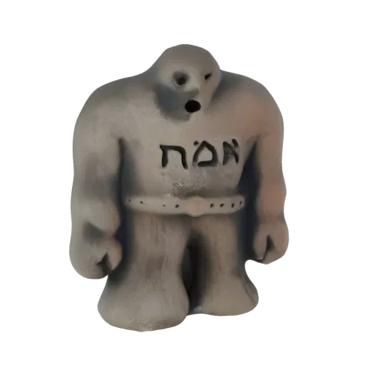 Modello 3D di un Golem della Verità, una creatura grande, grigia, simile a pietra con scrittura ebraica sul petto, in piedi s