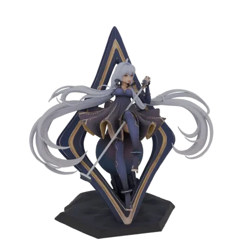 3D model of an elegant anime figure with long white hair, a dark dress with gold trim, holding a staff, standing on a geometr