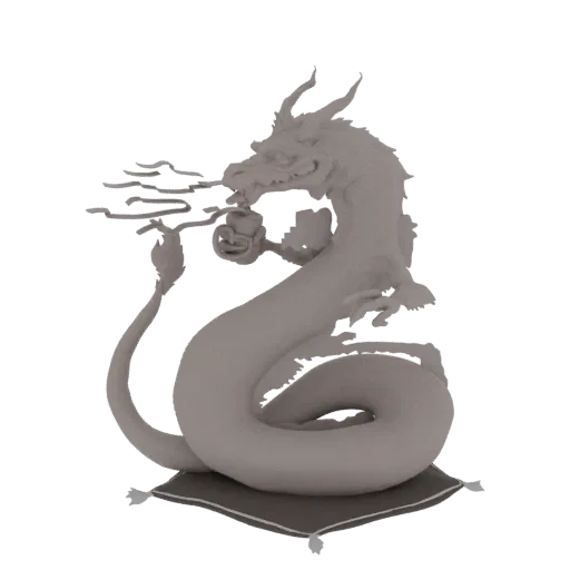 3D model of a grey Eastern dragon holding a rose, coiled on a dark pillow with tassels.