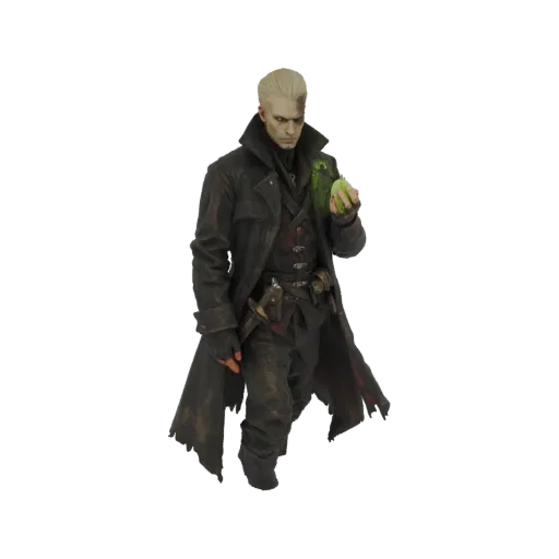 3D model of a gothic alchemist with blonde hair, wearing a dark trench coat and holding a glowing green potion.