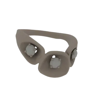 3D model of a beige Art Deco inspired ring with three round, light-colored gemstones set prominently on the band.
