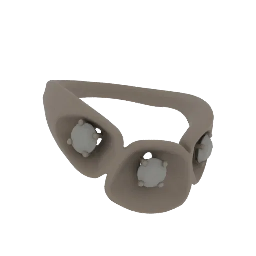 Modèle 3D d'une bague beige inspirée Art Déco avec trois gemmes rondes de couleur claire serties sur la monture.