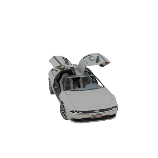 3D model of a silver 1980s DeLorean DMC-12 with its gullwing doors open, viewed from a slightly elevated front-right angle.