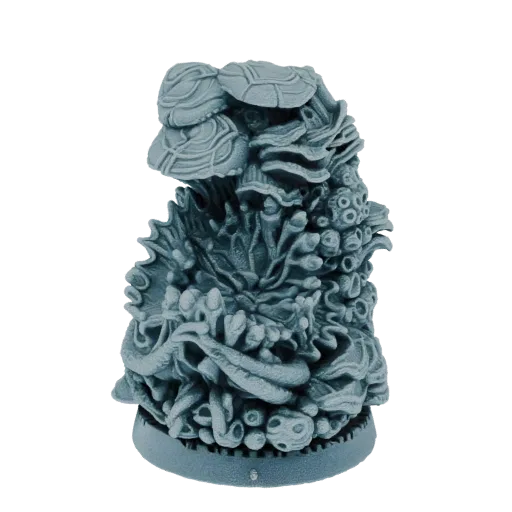 A detailed 3D model of a strange, alien coral cluster with organic shapes and textured surfaces, mounted on a circular base.