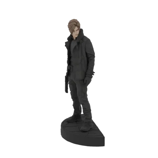 3D model of Leon S. Kennedy from Resident Evil, standing on a circular base with a gun.