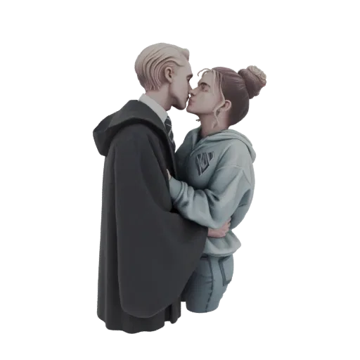 3D model of a couple kissing, one wearing Hogwarts robes and the other a modern hoodie, against a white background.