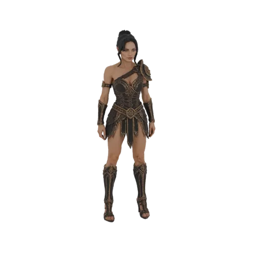 A 3D model of a female Amazon Warrior in ornate armor, standing confidently against a white background.