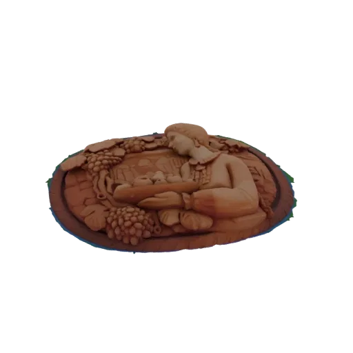 3D model of an oval bas-relief sculpture featuring a woman holding a basket of fruit, with grapes and vines surrounding her.
