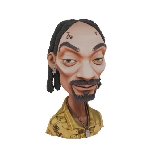 3D model of a caricature of Snoop Dogg, featuring his signature braids, goatee, and a yellow patterned shirt.