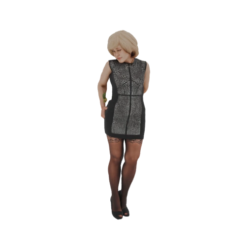 Blonde Woman in Textured Black Dress with Stockings