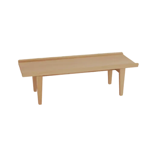 Ein 3D-Rendering eines minimalistischen Couchtischs aus hellem Holz mit einer langen, rechteckigen Platte und vier konischen