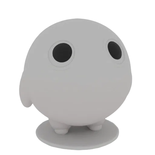 Un rendu 3D d'une créature chibi ronde, grise claire, mignonne, avec de grands yeux noirs, debout sur une base grise plate.