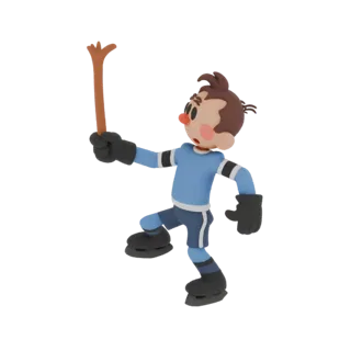 3D-Modell eines Eishockeyspielers im Claymation-Stil in blauer Uniform, der einen braunen Schläger hält, mit schwarzen Handsc