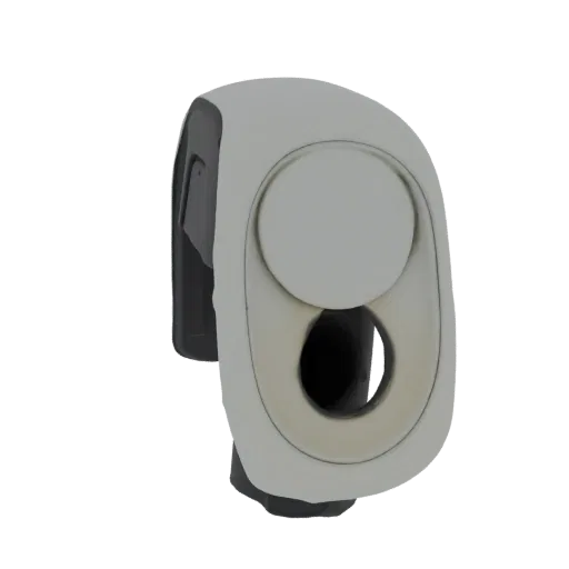 3D model of a futuristic handheld scanner with a white casing and dual lenses, presented against a black background.