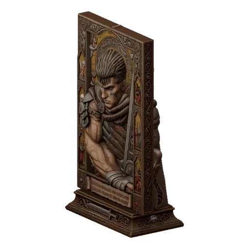 3D model of Guts from Berserk depicted as a religious icon, holding his large sword, with intricate framing.