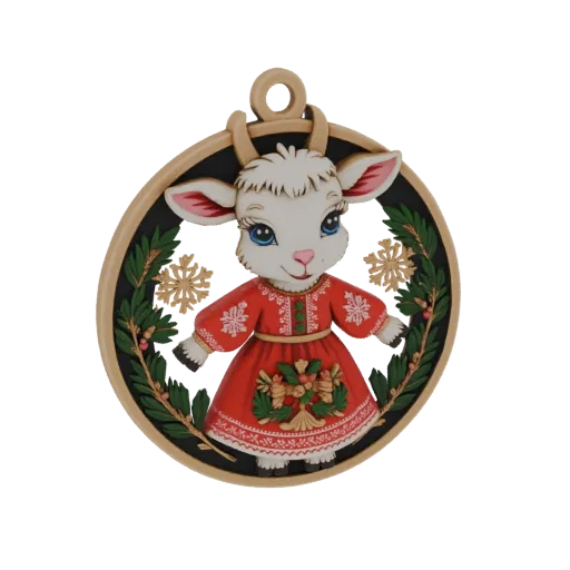 3D model of a cute cartoon goat wearing a red dress, surrounded by green foliage and snowflakes, designed as a festive orname