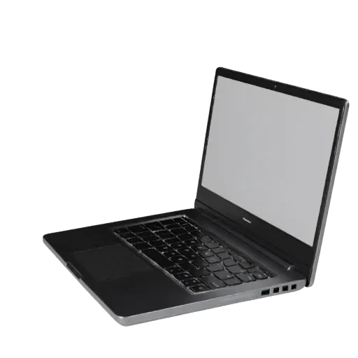 Ultrabook Laptop 3D model, three-quarter front view, AR viewer studio render, showing brushed metal, open lid angle.