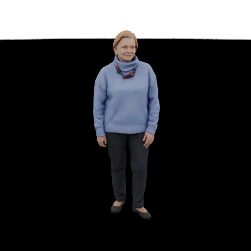 3D model of a woman standing, wearing a light blue turtleneck sweater, dark trousers, and a colorful beaded necklace.