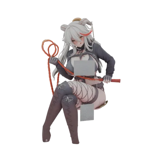 3D model of a seductive bunny girl with white hair, horns, and ears, wearing a dark outfit and holding a red whip, posed prov
