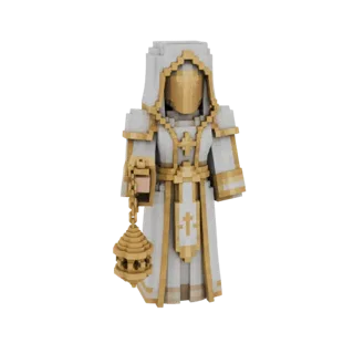 A voxel art 3D model of a cleric wearing white and gold robes, holding a golden censer.
