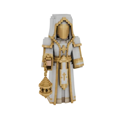 A voxel art 3D model of a cleric wearing white and gold robes, holding a golden censer.