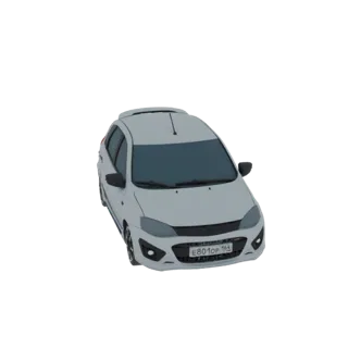 Modello 3D di un'auto hatchback bianca con targa E801OP 164, vista da un'angolazione anteriore a tre quarti.