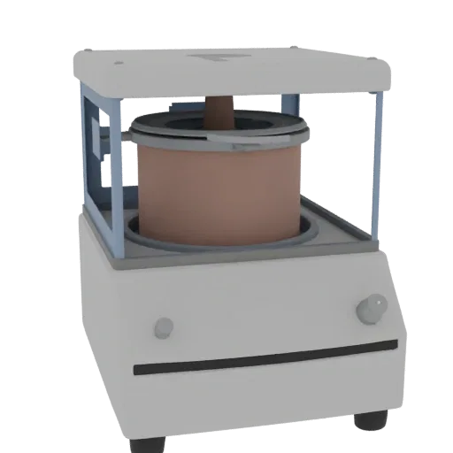 Modèle 3D de centrifugeuse chimique, vue de trois quarts avant, rendu studio de visualiseur AR, montrant du verre, des formes