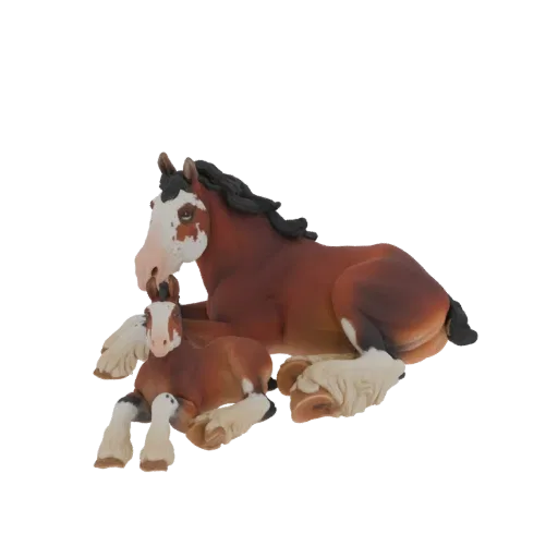 3D model of a brown Clydesdale horse lying down with its foal nestled beside it, against a white background.