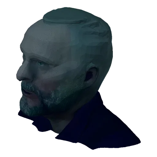 3D model render of a mature man's bust, featuring a grey beard and a serious expression, set against a dark background.