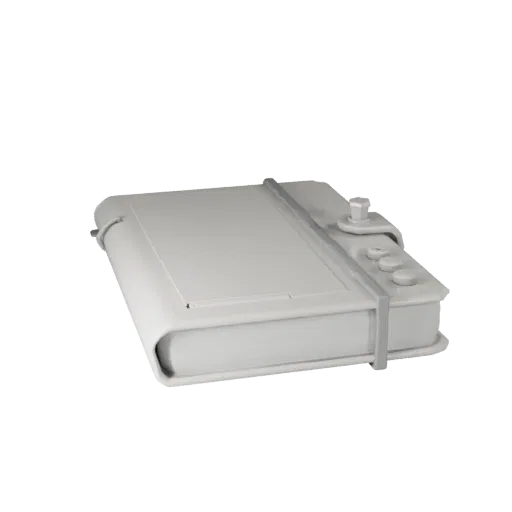 Minimal Notebook Low Poly 3D model, game viewport three-quarter view, showing plastic, desk-scale silhouettes.